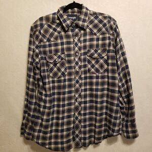 Wrangler Shirt Mens L Blue Plaid Flannel Pearl Snap Western Cowboy Rodeo Ranch